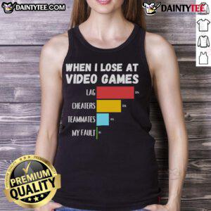 Funny tank top design: 'When I Lose at Video Games, It's Lag, Cheaters, or My Teammates' perfect for gamers and comic relief.