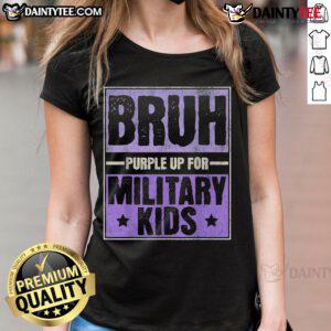 Purple military-themed ladies' tee for Military Child Month, featuring 'Good Bruh' design celebrating military families.