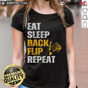 Good Eat Sleep Back Flip Repeat Acrobat Gymnastics Ladies Tee featuring a stylish design for gymnasts and fitness enthusiasts.