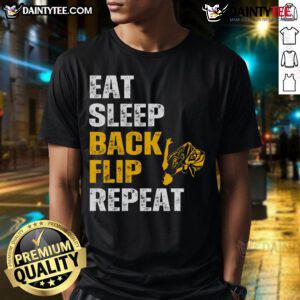 Good Eat Sleep Back Flip Repeat Acrobat Gymnastics T-Shirt design featuring a playful acrobat graphic and bold text.