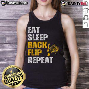 Good Eat Sleep Back Flip Repeat tank top for acrobats and gymnasts, showcasing a fun, motivational design.