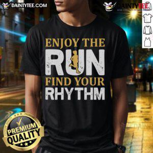 Runner wearing 'Enjoy The Run' jogging T-shirt, embracing the runner life and finding their rhythm on a sunny trail.