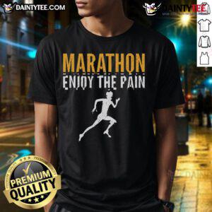 Marathoner T-shirt featuring 'Good Marathon Enjoy The Pain' slogan, perfect for half marathon runners and fitness enthusiasts.