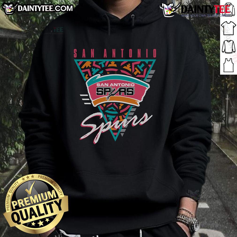 Alt Text: Good Mitchell & Ness black San Antonio Spurs Worldwide Collection tri-logo hoodie featuring iconic team logos.