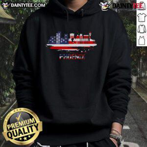 Good USA American Flag hoodie featuring Phoenix Arizona skyline cityscape design, perfect for patriotic style.