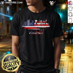Good USA American Flag Cityscape Phoenix Arizona Skyline T-Shirt showcasing a vibrant design with the iconic skyline.
