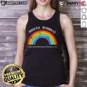 Hot Genesis 9:16 Revelation 4:3 Taking the Rainbow Back tank top featuring a vibrant rainbow design on a stylish background.