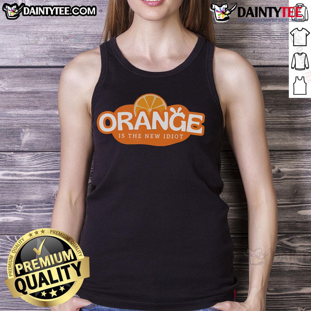 Hot orange tank top featuring the phrase 'Idiot Lemon Bleached' for a fun and quirky summer style.