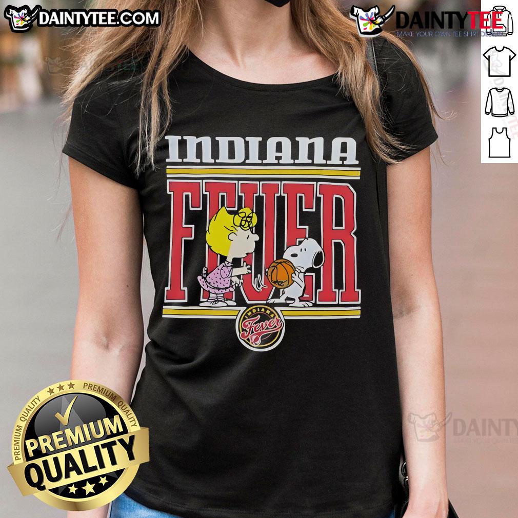 Cute Peanuts Snoopy and friend on Indiana Fever basketball ladies tee, perfect for fans and casual wear.