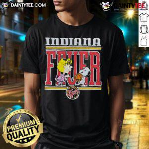 Alt Text: Cute Peanuts Snoopy and friend on Indiana Fever basketball T-shirt, perfect for fans and casual wear.