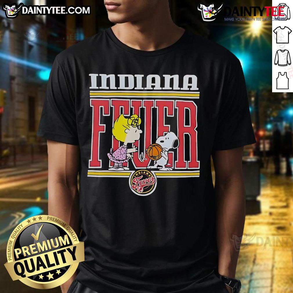Alt Text: Cute Peanuts Snoopy and friend on Indiana Fever basketball T-shirt, perfect for fans and casual wear.
