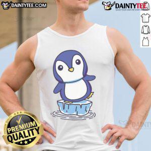 Cute penguin standing on an ice floe, featured on a stylish tank top design for nature and animal lovers.