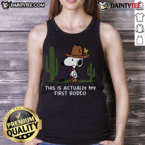 Alt Text: Cute Snoopy tank top with This Is Actually My First Rodeo design, perfect for casual summer wear or rodeo events.