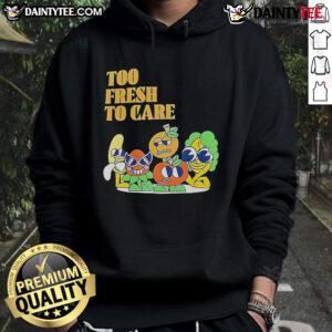 Alt Text: Cute Too Fresh Too Care cartoon hoodie featuring colorful graphics perfect for trendy kids' fashion.