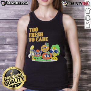 Cute Too Fresh Too Care cartoon tank top featuring vibrant colors and playful design for trendy summer fashion.