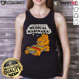 Funny Garfield tank top featuring 'Gimme Some of That Medical Marinara' design, perfect for humor and cat lovers.