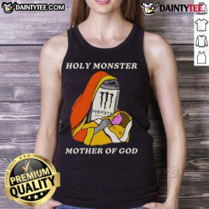 Funny Holy Monster Mother of God white tank top featuring a playful energy drink design for casual wear.
