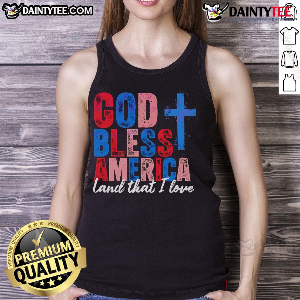 Alt Text: God Bless America Land That I Love Christian Patriotic USA tank top design featuring vibrant red, white, and blue colors.