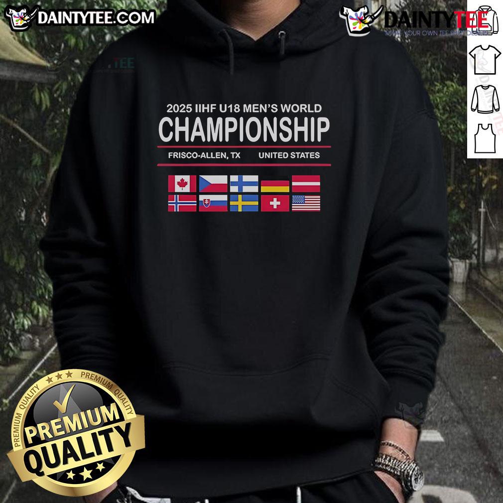 Alt Text: Good 2025 IIHF U18 Men's World Championship hoodie featuring team colors and logo, perfect for young hockey fans.