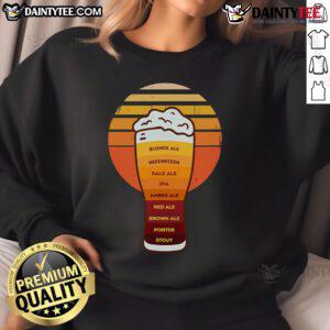 Good beer diversity in a glass with foam, featuring retro beer types on a stylish sweatshirt.