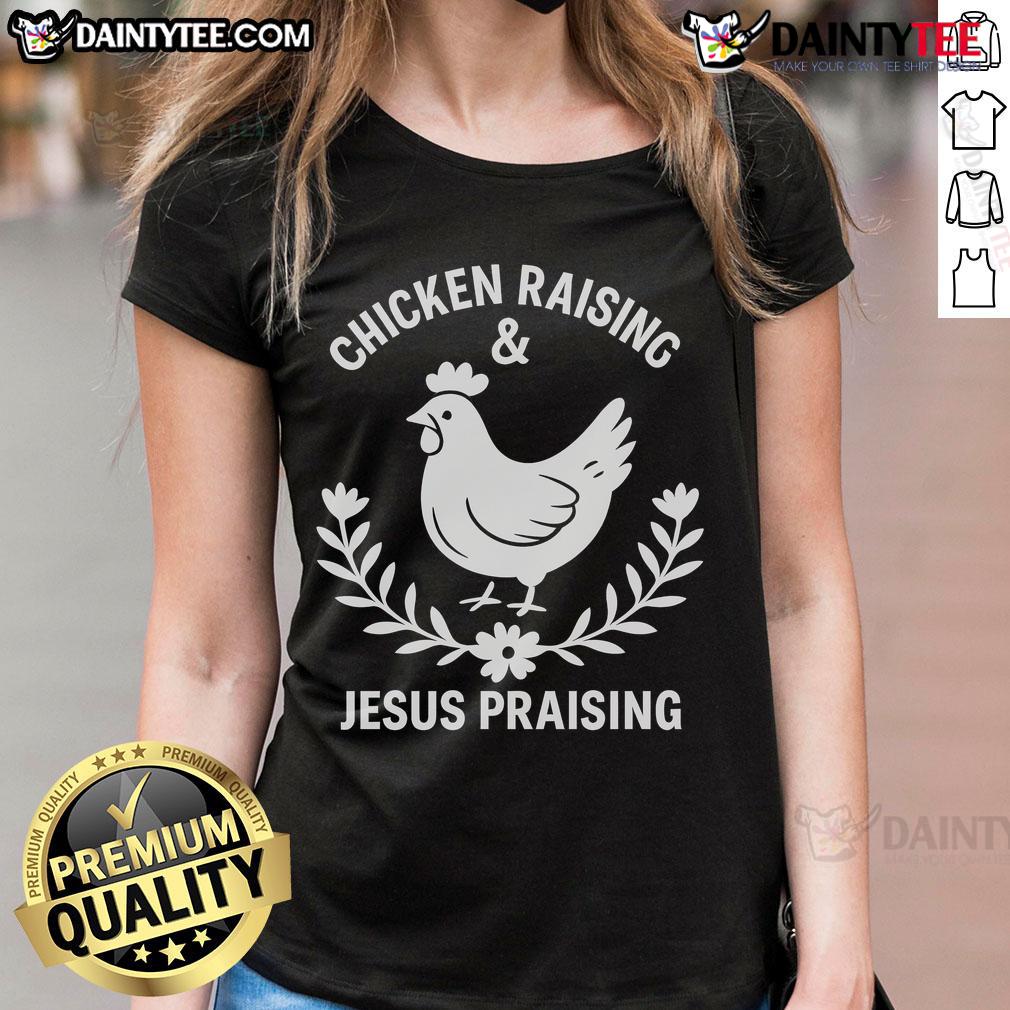 Good Chicken Raising Jesus Praising Ladies Tee featuring vibrant graphics of chickens and faith-inspired designs.