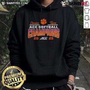 Alt Text: Clemson Tigers 2025 ACC Softball Tournament Champions hoodie featuring team colors and logo design.