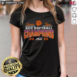 Good Clemson Tigers 2025 ACC Softball Tournament Champions Ladies Tee showcasing team pride and victory in vibrant colors.