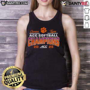 Clemson Tigers 2025 ACC Softball Tournament Champions tank top design featuring team colors and logo.