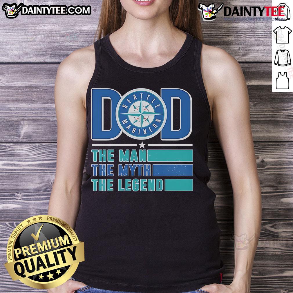 Alt Text: Good Dad Seattle Mariners tank top featuring 'The Man, The Myth, The Legend' design for baseball fans.