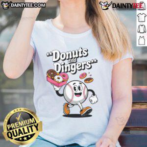 Good Donuts and Dingers baseball fan humor tee featuring donut ladies, perfect for baseball enthusiasts and donut lovers.