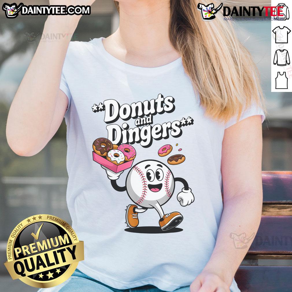 Good Donuts and Dingers baseball fan humor tee featuring donut ladies, perfect for baseball enthusiasts and donut lovers.
