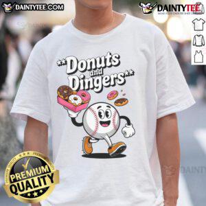Good Donuts And Dingers baseball fan humor T-shirt featuring a fun donut design for baseball lovers.
