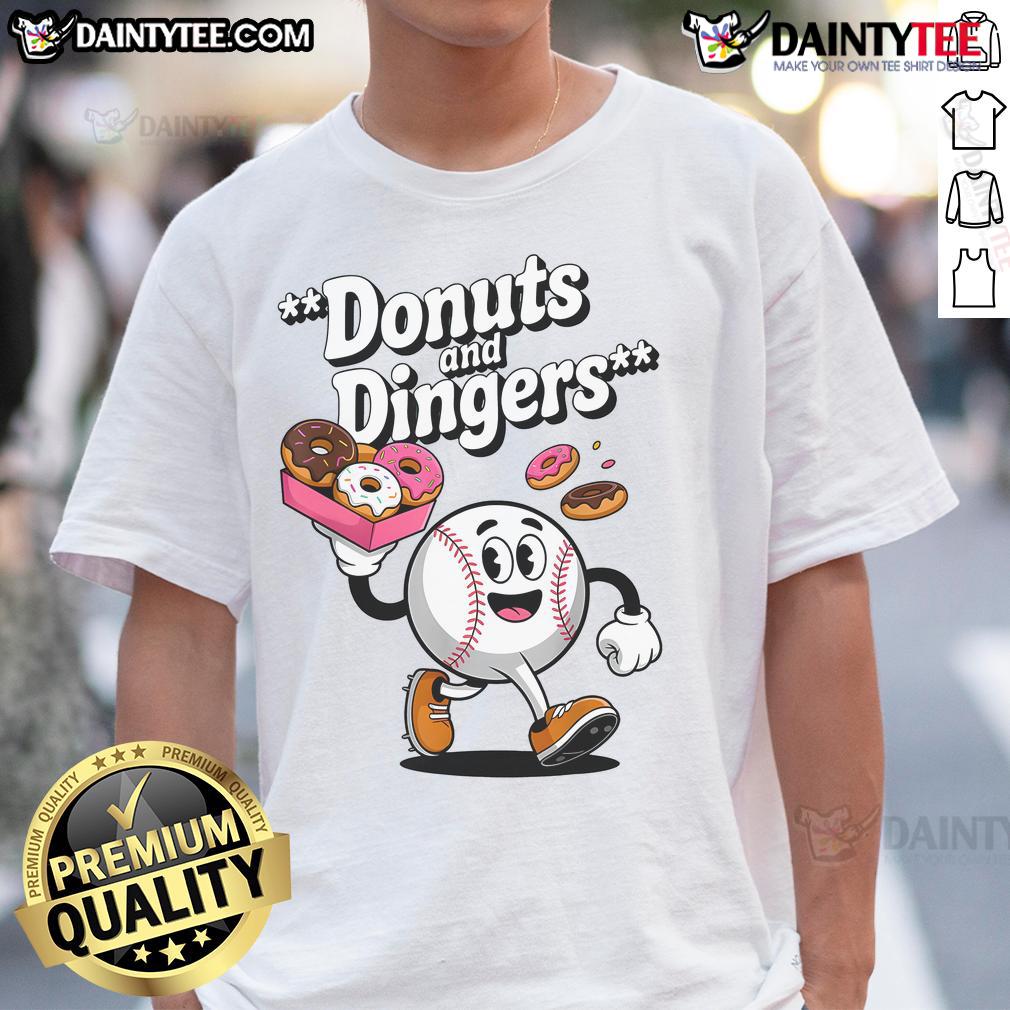 Good Donuts And Dingers baseball fan humor T-shirt featuring a fun donut design for baseball lovers.