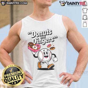 Funny baseball fan donut tank top featuring 'Good Donuts and Dingers' slogan, perfect for sports and dessert lovers.