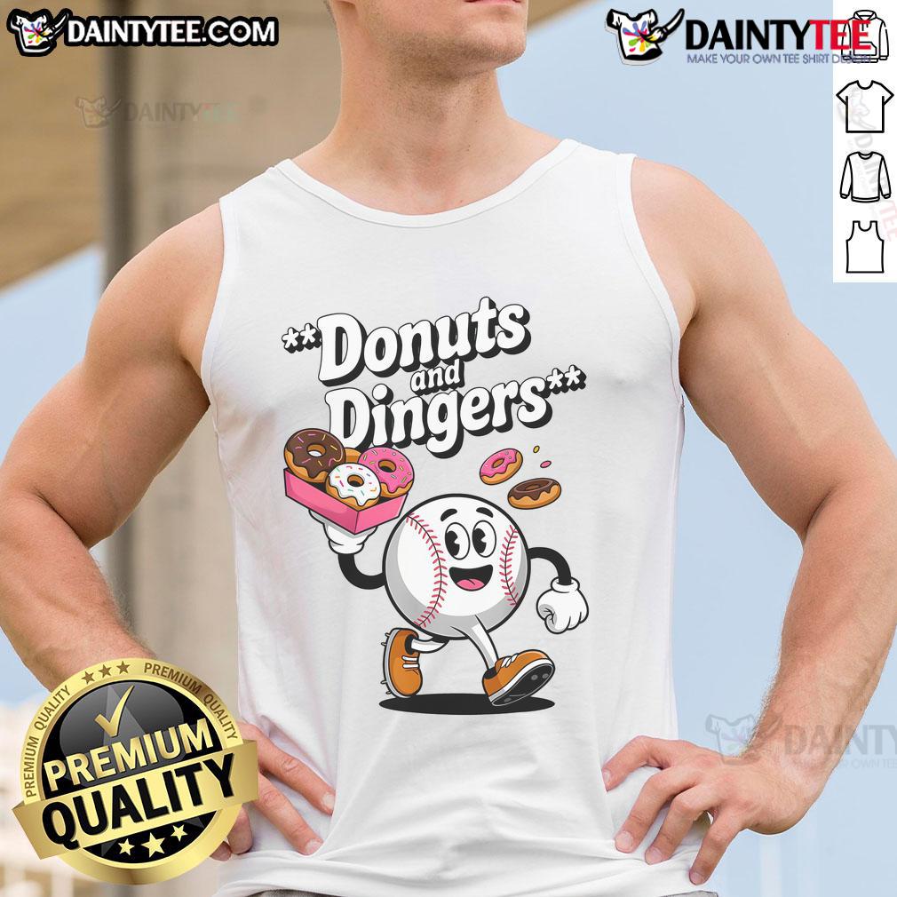 Funny baseball fan donut tank top featuring 'Good Donuts and Dingers' slogan, perfect for sports and dessert lovers.