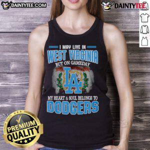 West Virginia gameday tank top featuring Dodgers logo, showcasing team spirit and pride for Los Angeles baseball.