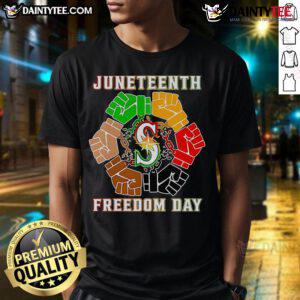 Good Juneteenth Freedom Day Seattle Seahawks T-Shirt featuring vibrant colors and bold graphics celebrating freedom.