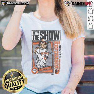Alt Text: Gunnar Henderson Ladies Tee featuring Baltimore Orioles design in MLB The Show style, perfect for fans.