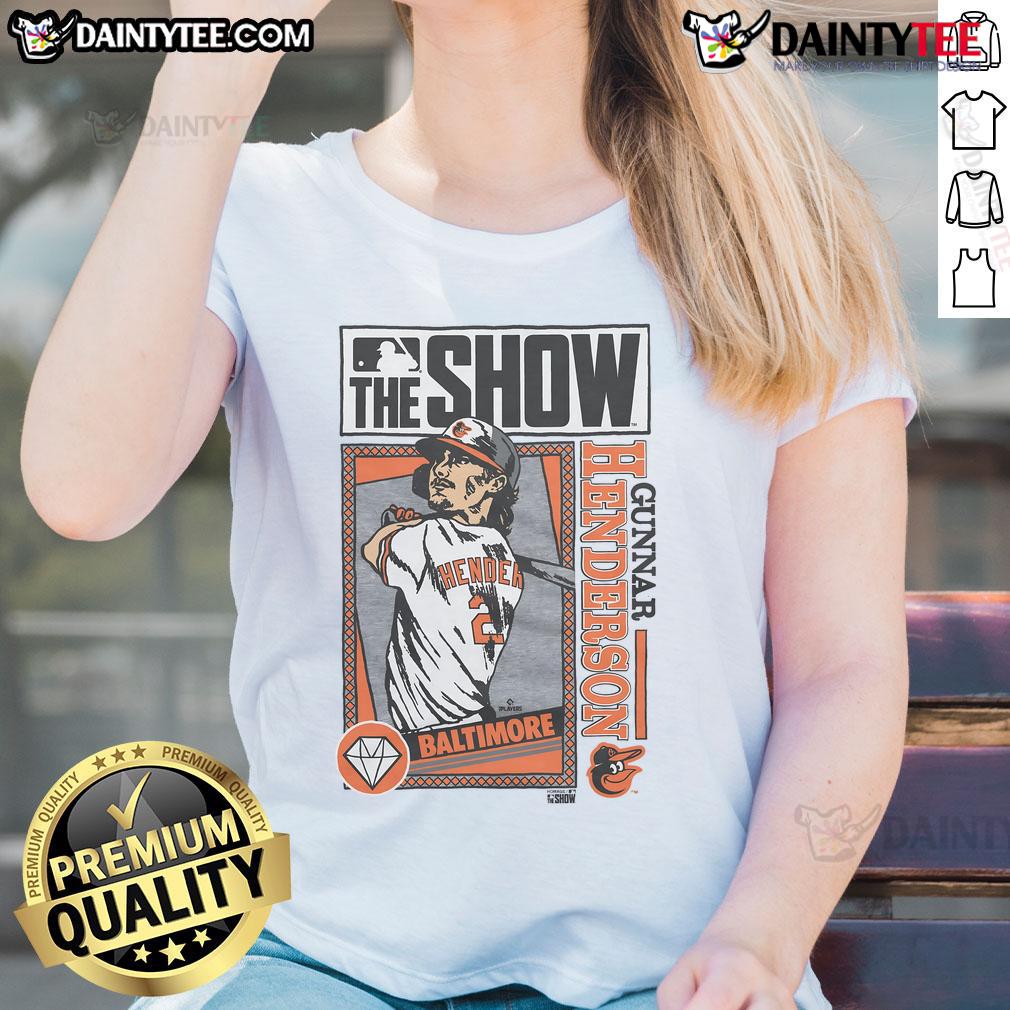 Alt Text: Gunnar Henderson Ladies Tee featuring Baltimore Orioles design in MLB The Show style, perfect for fans.