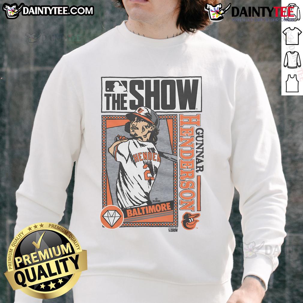 Gunnar Henderson wearing a stylish Orioles sweatshirt from MLB The Show, showcasing team spirit and fashion.