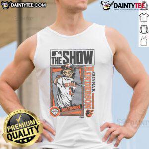 Gunnar Henderson in a stylish Orioles tank top, showcasing MLB The Show merchandise for fans and gamers.