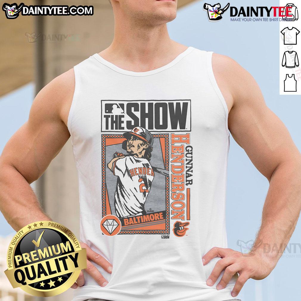 Gunnar Henderson in a stylish Orioles tank top, showcasing MLB The Show merchandise for fans and gamers.