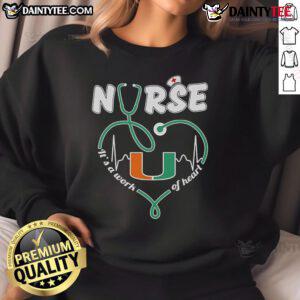 Good Miami Hurricanes Nurse It's A Work Of Heart Sweatshirt featuring vibrant team colors and heartwarming design.