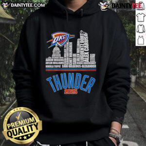 Alt Text: Oklahoma City Thunder 2025 hoodie featuring logo and player names, showcasing team spirit and style.