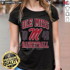 Good Ole Miss Rebels Basketball ladies tee featuring team colors and logo, perfect for fans and athletes.