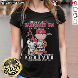 Good Peanuts characters tee for Arkansas Razorbacks fans, celebrating loyalty win or lose, perfect for ladies.
