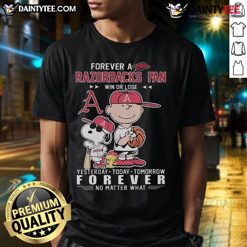 Good Peanuts Characters Arkansas Razorbacks Fan T-Shirt - Win or Lose, Yesterday, Today, Tomorrow design
