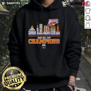 Buffalo Bandits hoodie celebrating 2025 NLL Cup Champions with a vibrant skyline graphic and team logo.