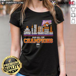 Buffalo Bandits Ladies Tee celebrating 2025 NLL Cup Champions with a vibrant skyline design and team logo.