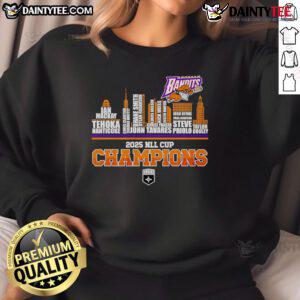 Buffalo Bandits 2025 NLL Cup Champions sweatshirt featuring a vibrant skyline design and team logo.